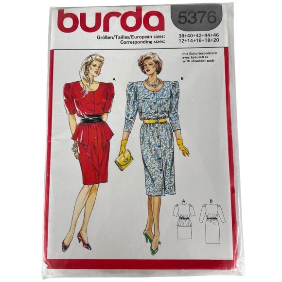 Burda 5376 Sewing Pattern Misses Dresses With Peplum Shoulder Pads Size 12 - 20 - Picture 1 of 3